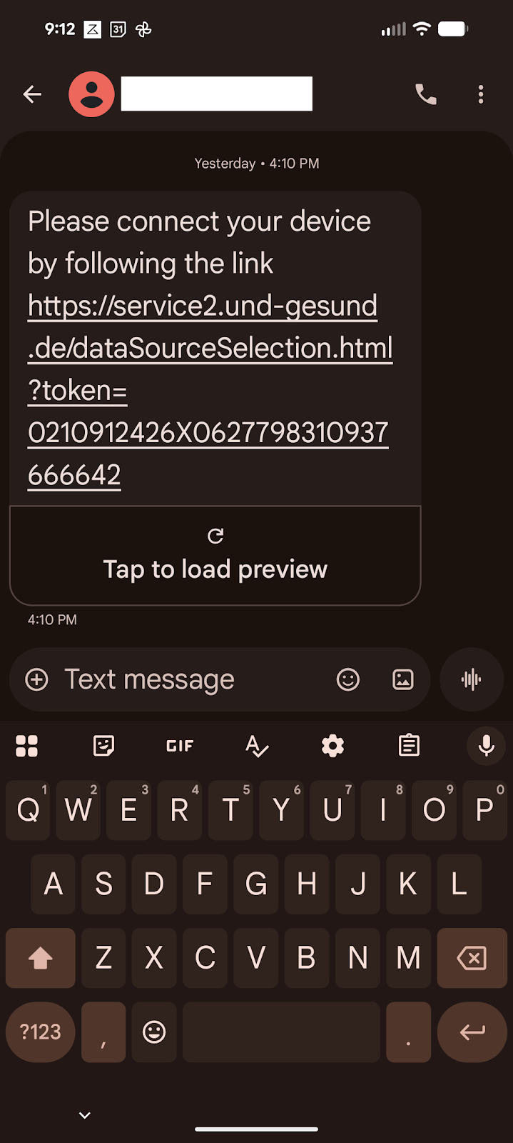 Text message with connection link
