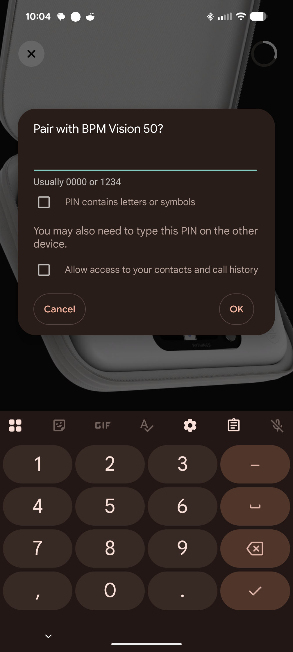 Enter BPM pairing code